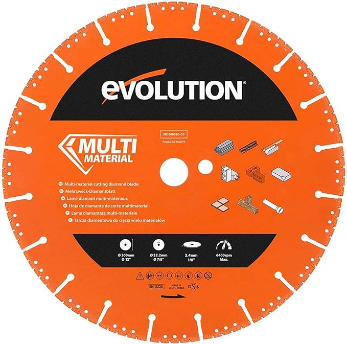 Evolution Power Tools Multi-Purpose Diamond Blade 12-Inch For Disc Cutter, Concrete Saw | 1 Inch Arbor | Metal Cutting Diamond Blade | Segmented Edge, For Metals, Reinforced Concrete, Bricks, Plastics
