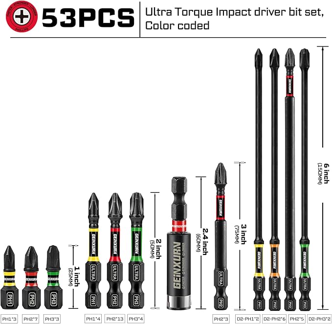52pcs Impact #1#2#3 Phillipes Screwdriver Bits Set, 1??2??3??6??(PH1/PH2/PH3) Magnetic S2 Steel Cross Driver Bits Set and 1pc Impact Bit Holder with Color Coded Base