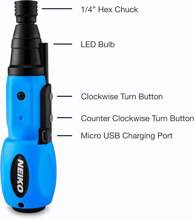 NEIKO 10577A Cordless Power Screwdriver | 1/4??Hex Auto-Lock Safety Chuck | Includes Phillips and Flathead Bit | USB Rechargeable Lithium-Ion Technology | Auto and Manual Mode