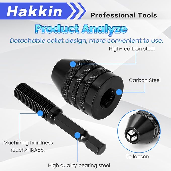 Hakkin 5Pcs Keyless Drill Chuck for Impact Driver, 1/4" Hex Shank 1/8" 1/16" Round Shank Drill Chuck, Drill Bit Adapter Quick Change Adapter for Impact Drill Tool