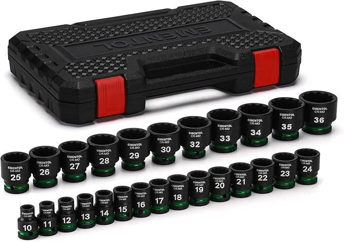 EMENTOL 1/2" Drive Impact Socket Set, Shallow Sockets, 26 Pieces, Metric (10-36mm), 12 Point, CR-MO, Stamped and Ink Filled