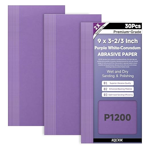 30-Sheet Premium White Corundum 1200 Grit Sandpaper, 9 x 3-2/3 Inch Wet Dry Abrasive Sheets for Wood Metal Automotive Sanding and Polishing
