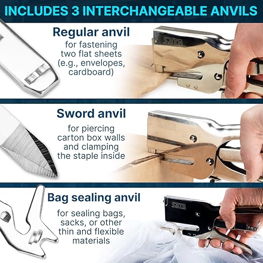 IDL Packaging HSP-12 Heavy-Duty Metal Plier Stapler, Silver - Works with 7/16" (11 mm) Crown Staples - Industrial Cardboard Stapler - Great for Sealing Packaging Boxes, Mail Bags, or Poster Tubes
