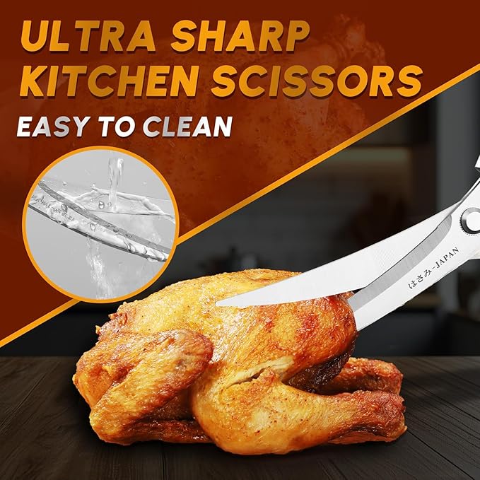 HUUSK Kitchen Scissors and Cooking Tong Set - Silver Kitchen Shears for Food with Stainless Steel BBQ Tongs, Japanese Style Dishwasher Safe Meat Scissors for All Purpose, Christmas Gifts for Men Women