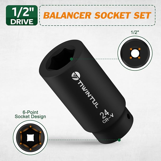 1/2" Drive Crank Bolt Socket Set, 7Pcs, 17/19/21/22/24/27mm, 3/4"-1/2" Adapter, Harmonic Balancer Socket Set, 6-Point Deep Impack Socket, 3 Times Momentum Power of Crank Bolt Removal Tool