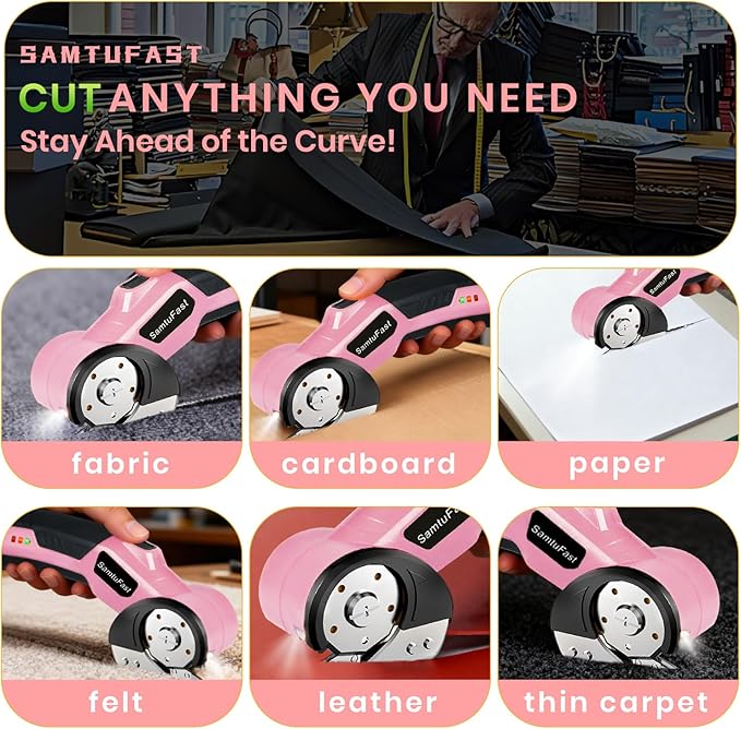 Cordless Electric Scissors, 4V Rechargeable Cardboard Box Cutter with Storage Box,2 Blades,USB Charging Cable, Powerful Rotary Cutters for Carton Plastic Fabric Leather Carpet(Pink)