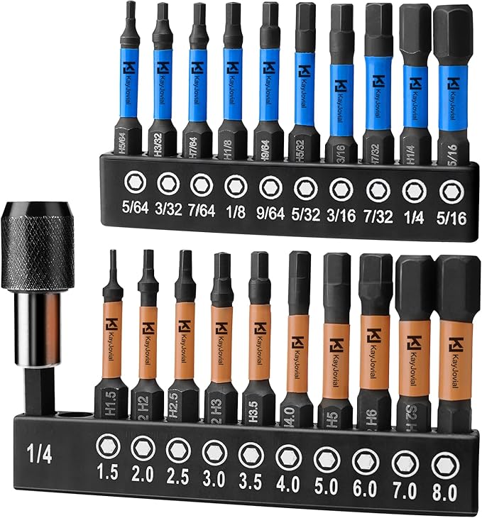 Impact Hex Head Allen Wrench Drill Bit Set 20+1 Pieces (Metric & SAE), S2 Alloy Steel Drill Bit Set, 1/4'' Hex Shank with Magnetic, CNC Machined, 2'' Long, with storage box