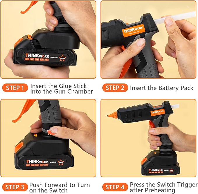 THINKWORK 20V Cordless Hot Glue Gun and Sticks Set, Rechargeable Glue Gun with 30 PCS Full Size Sticks and Battery, Fast Heating for Arts & Crafts, DIY Projects and Home Repairs