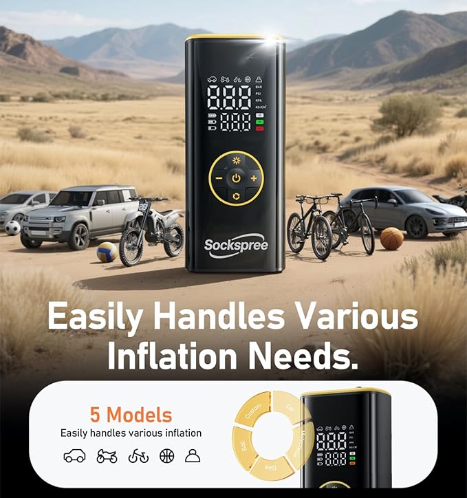 Tire Inflator Portable Air Compressor 5 in 1 Cordless Smart Pump with Tire Pressure Gauge 150PSI and LED Lights for Cars Bikes Motorcycle Balls Custom Mode Inflatables Yellow Light Black