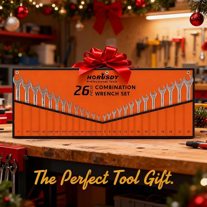 HORUSDY 26-Piece Durable Combination Wrench Set with Roll-up Pouch, Open End Wrench Set for General Household, Garage, Auto Repairs, SAE 1/4??- 1??and Metric 8mm - 24mm