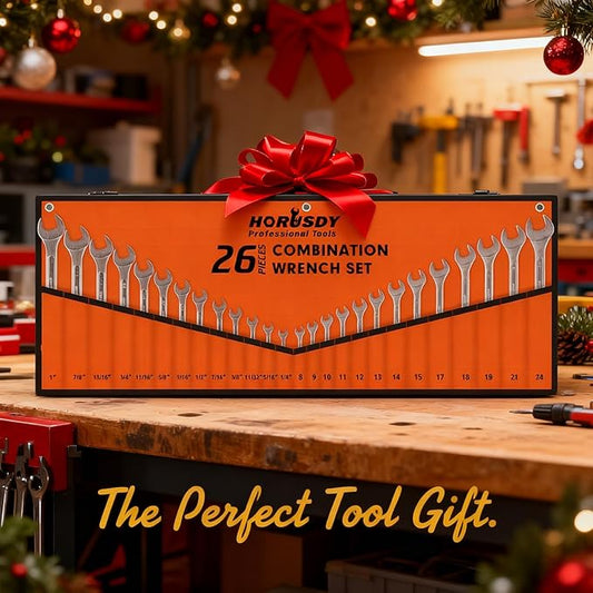 HORUSDY 26-Piece Durable Combination Wrench Set with Roll-up Pouch, Open End Wrench Set for General Household, Garage, Auto Repairs, SAE 1/4??- 1??and Metric 8mm - 24mm