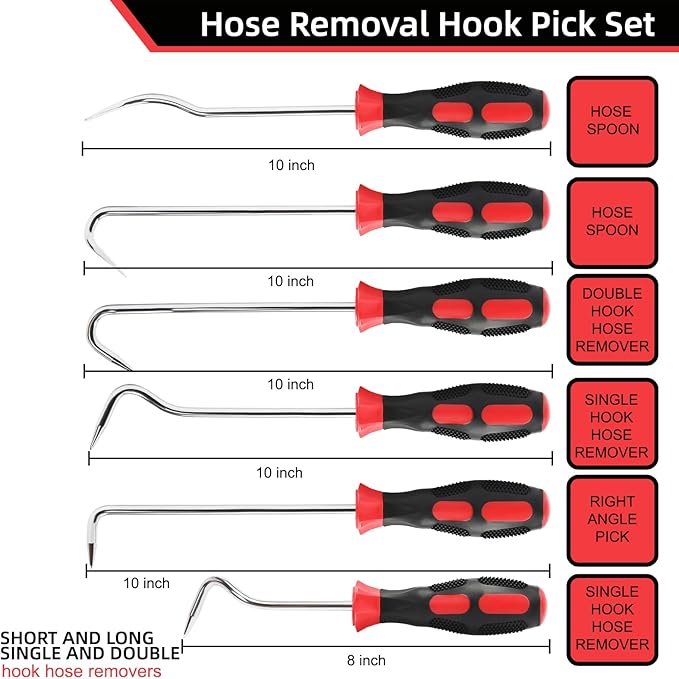 Hose Removal Hook Pick Set Pack of 6, 10" Hose Hook, Spoon, 8" Remover, Puller Tool for Radiator Hoses