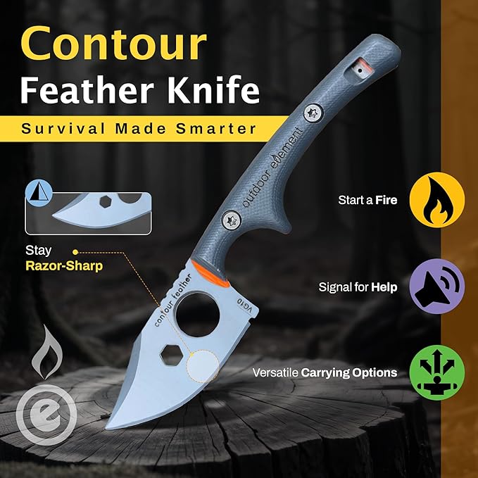 OUTDOOR ELEMENT Contour Feather Survival and Culinary Knives ??VG10 Steel Fixed Blade with Fire Starter, Hex Driver, Knife Sharpener, Sheath & Built in Whistle - Built For Camping & Outdoor Adventure