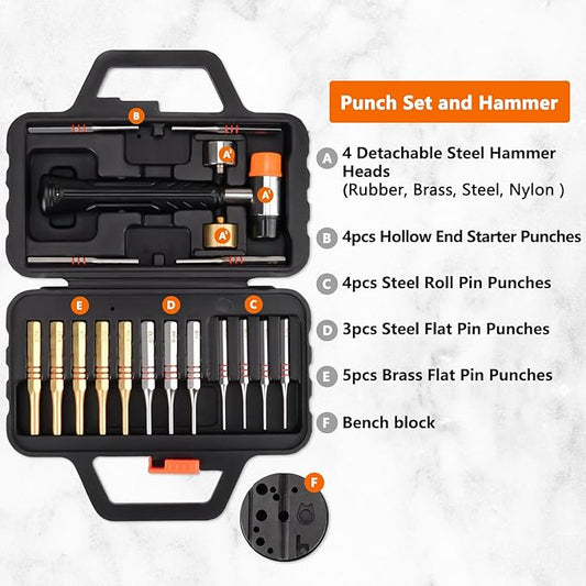 Pridefend Punch Set,Brass Punch Set and Roll Pin Punch Set Made of Solid Material Including Steel Pin Punch Set and Bench Block, Hammer with Detachable Heads,Punch Set with Portable Storage Case
