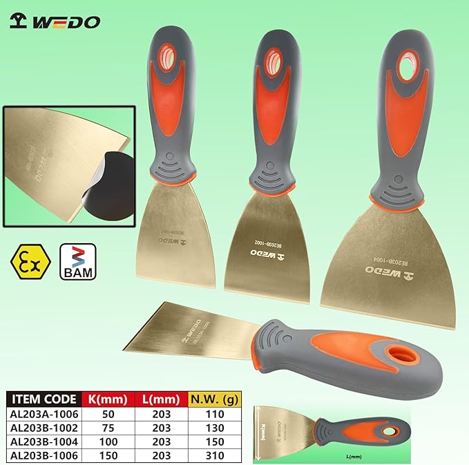WEDO Non-Sparking 4PCS Set Putty Knife Scraper,Blade 2"+3"+4"+5",Spark-free Safety Paint Scraper with Fiberglass Handle,Aluminum Bronze,Corrosion-Resistance, Paint Scraper Tool,BAM&FM Certificate
