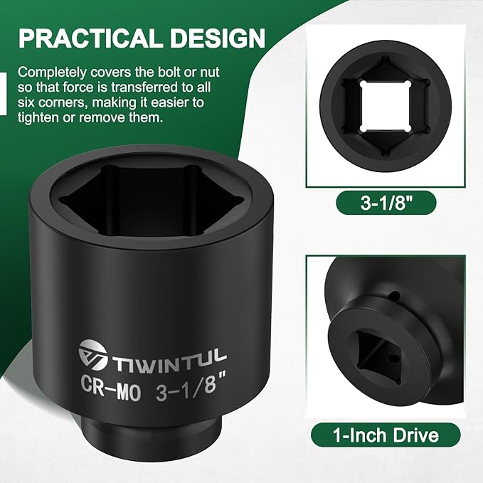 3-1/8" Impact Socket 1" Drive, Deep 6 Point CR-MO Heavy Duty Socket, Single Axle Nut Socket for Semi-Truck, Construction, Oilfield & Wind Power Maintenance, ANSI Certified