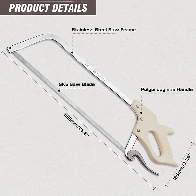 KATA Bone Meat Saw for Butchering: 20-Inch HackSaw Butcher Saw for Deer-Meat & Bone Cutting with SK5 Blade - Handsaws for Butchering at Home, Meat Processing, Processed Livestock and Game