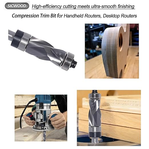 Compression Top and Bottom Bearing Flush Trim Router Bit 1/4 Shank - 1/2" Cutting Dia, Carbide Spiral Up-Down Pattern Template Flush Cut Router Bit, for Wood Trimming