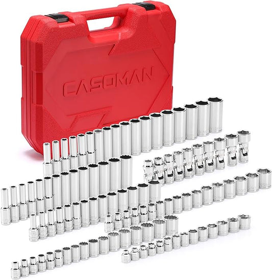 CASOMAN 104 PCS 3/8" Drive Master Impact Socket and Flex Socket Set, Include Deep, Mid-Length, Shallow & Stubby Socket, 6-Point & 12-Point, Metric, CR-V
