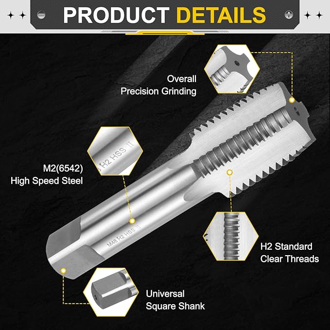 uxcell Hand Plug Tap M48 x 5 H2 Metric Thread Plug Style Taps Straight Flute Screw Tapping Threading Tool High Speed Steel HSS6542