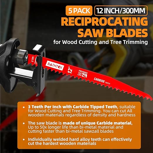 5 Pack 12 Inch 3 Tpi Carbide Reciprocating Saw Blades for Wood Cutting and Tree Trimming, Pruning Sawzall Blades with Carbide Tipped Teeth for Longer Life and Faster Cutting Speed