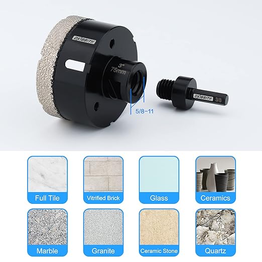 DKIBBITH 3'' Dry Diamond Core Drill Bit 75mm Diameter Tile Bits Vacuum Brazed Angle Grinder Hole Saw for Porcelain Ceramic Granite Brick Concrete with 5/8-11 Thread to 3/8'' Hex Shank Adapter, Black