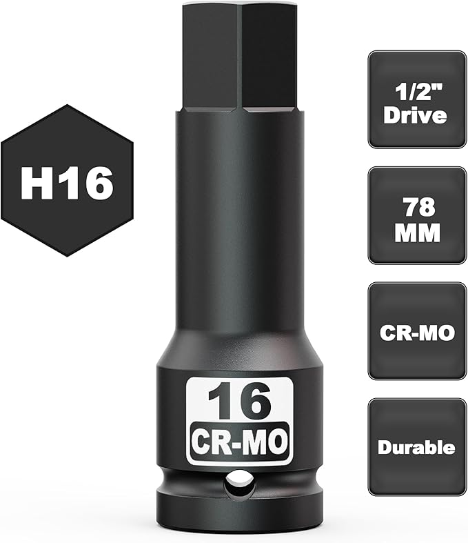 1/2" Drive 16 mm Hex Impact Bit Socket, H16 Allen Bit Socket, Metric, Cr-Mo Steel, Automotive Repair Industrial Maintenance and DIY Enthusiasts Alike