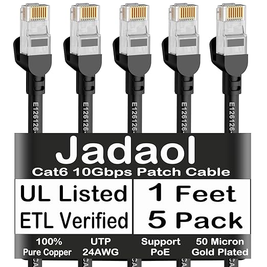 Jadaol Cat6 Ethernet Patch Cables 1ft 5-Pack, 10Gbps 24AWG Pure Copper RJ45 Cat6a Patch Cable, Support Cat8/7 Network, Outdoor&Indoor Rated for Patch Panel to Switch, Server, Router, Modem, PC - Black