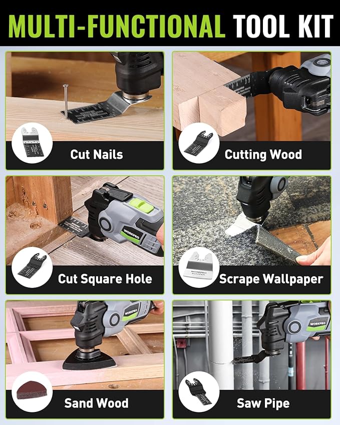 WORKPRO 20V Oscillating Tool Kit, Cordless and Brushless 19,000 RPM Orbiting Multi Tool with 6 Variable Speeds, 3.6째Oscillation Angle, 21pcs Saw Accessories, 1 Rechargeable Battery and Carrying Bag