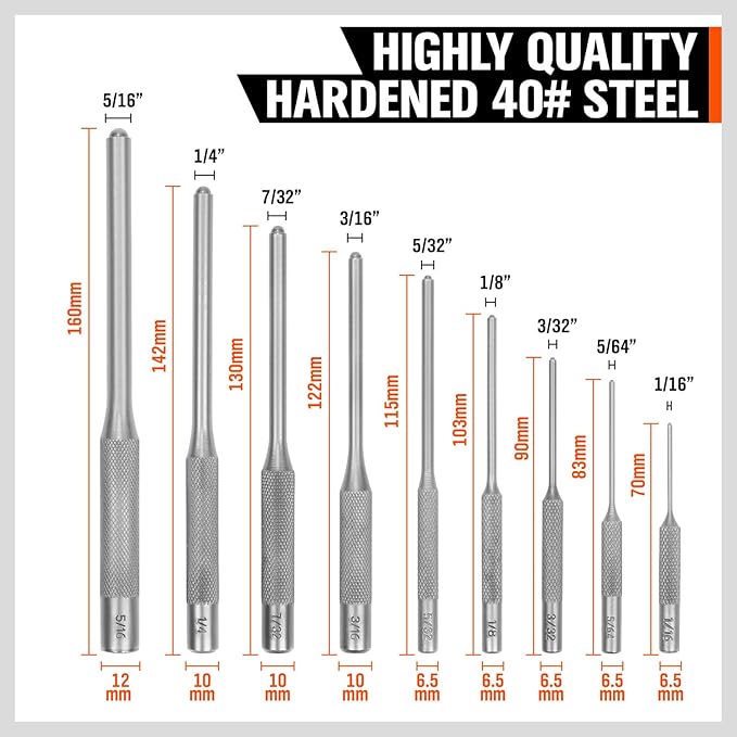 9-Piece Roll Pin Punch Set - Fast Pin Removal - Durable Steel & Construction - For Automotive, Firearm Maintenance, Watch, Jewelry & Craft Repair - Knurled Grip - Versatile Sizes