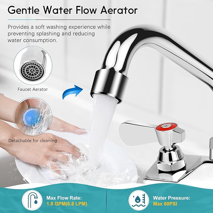 Leak-Free Commercial Sink Faucet 6" Swivel Spout, Wall Mount Kitchen Hand Sink Faucet with 4 Inch Center, 1/2" NPT Male Inlet, Brass Constructed & Chrome Polished, Dual Lever Handles