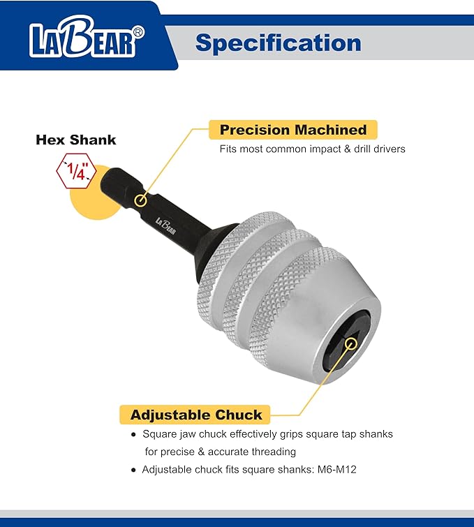 LABEAR Adjustable Tap Chuck M6?밠12, Keyless Quick Change Tap Holder, 1/4" Hex Shank Tap Adapter for Drill Driver, Cr-V Steel Heavy Duty Threading Tool for Auto Repair & Metalworking