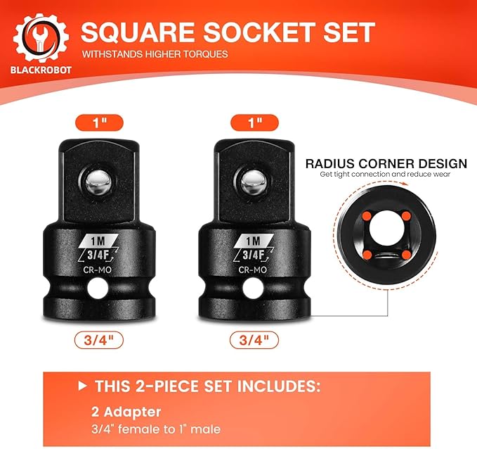 BLACKROBOT 2 Pieces 3/4??F To 1??M Impact Socket Adapter Set, SAE Drive Cr-Mo Steel Exceeds ANSI Standards, Square Drive Socket Reducer for Impact Driver Wrench