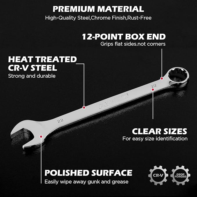 15-Piece Metric Combination Wrench Set, 8??2mm 12-Point Open End and Box End Wrench Kit with Organizer, Chrome Vanadium Steel Tools for Mechanics, Garages and Workshops