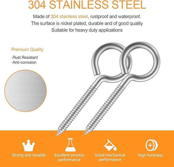 20pcs 2-3/4??304 Stainless Screw Eyes Small Eyelet Screws Lag Eyebolt Steel Heavy Duty Hook Duty Lag Thread Eyebolt (20 pcs 2-3/4")
