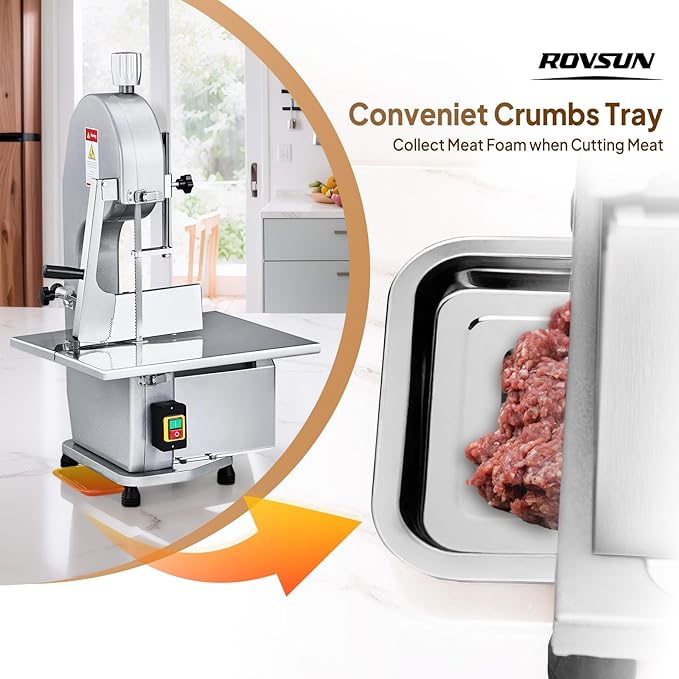 ROVSUN 1500W Electric Bone Saw Machine, 0.16-7.9Inch Cutting Thickness Frozen Meat Cutter with 6 Saw Blades, Commercial Bandsaw Machine Stainless Steel 19.4 x 15.2 In Table for Chicken Fish Beef