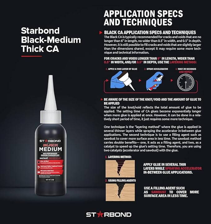 STARBOND Black Medium-Thick CA Glue Pro Kit (2 oz) ??Rubber-Toughened, Impact-Resistant Cyanoacrylate Super Glue ??for Durable Knot Filling, Crack Repair, Woodworking, Guitar, Hobby & RC Projects