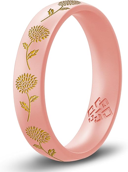Knot Theory Birth Flower Silicone Ring for Women - 4mm Comfort Fit Wedding Band Engagement Ring