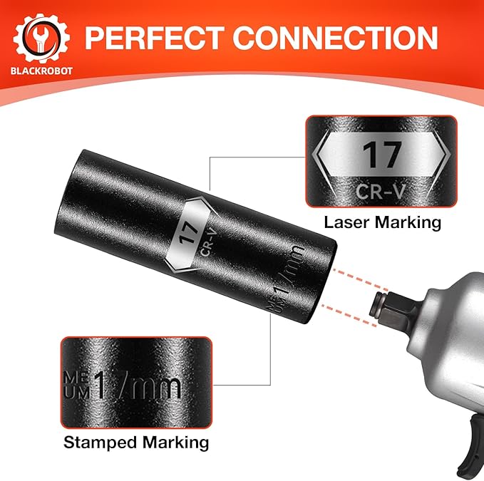 1/2 Inch Drive 6-Point Deep Socket, 17mm Deep Impact Socket, CR-V Steel