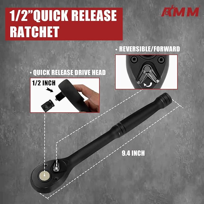AMM 1/2" Drive Master Impact Socket Set, 24-Piece Shallow Standard SAE (7/16-Inch to 1-Inch) & Metric (13-24 mm) Sizes, Socket Assortment with Ratchet Handle竊똂r-V Steel