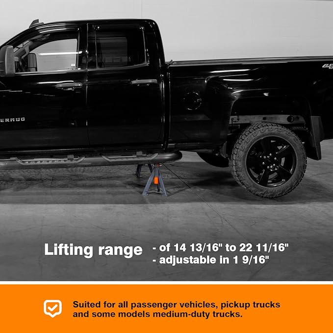 6.6-Ton Jack Stands (x2), Suited for All Passenger Vehicles, Pickup Trucks and Some Models Medium-Duty Trucks, Sold in Pair.