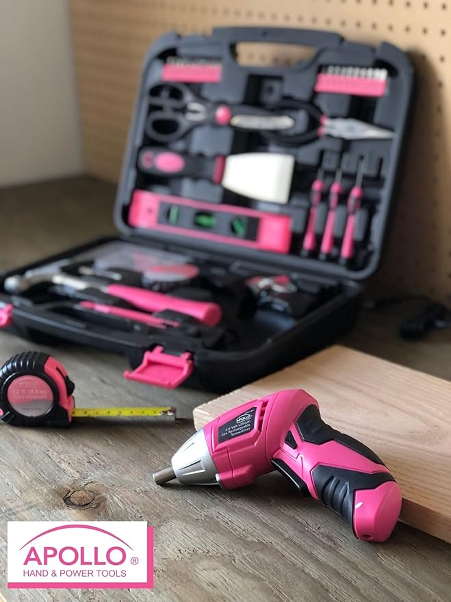 Apollo Tools 135 Piece Household Pink Hand Tools Set with Pivoting Dual-Angle 3.6 V Lithium-Ion Cordless Screwdriver - DT0773N1