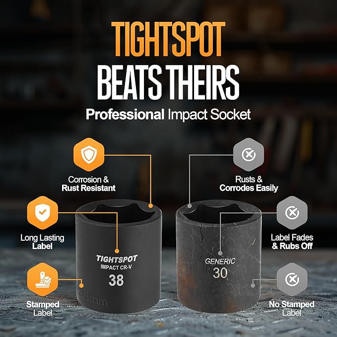 TIGHTSPOT 1/2 Inch Drive 38mm Shallow Impact Socket with Anti-Rounding 6 Point Design, Heat-Treated CRV Steel