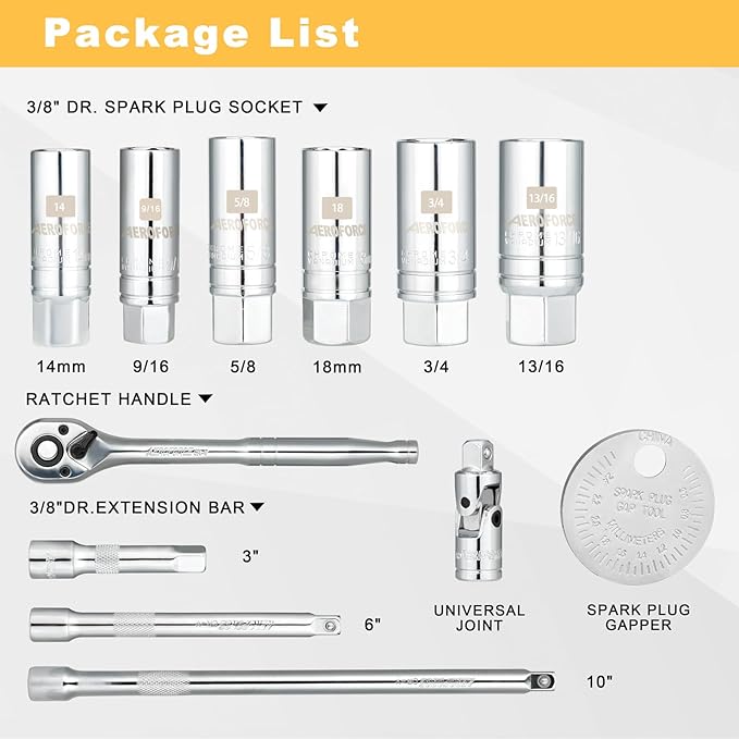 AEROFORCE 12PCS 3/8" Drive Spark Plug Socket Set with Ratchet Handle, Universal Joint, Extension Bar & Spark Plug Gapper, Fits 9/16", 5/8", 3/4", 13/16", 14mm, 18mm, CR-V Steel with Rubber Holder Ring