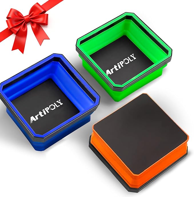 Collapsible Magnetic Parts Tray Set, 3 Pack Foldable Silicone Magnetic Tool Trays for Bolts Screws Nuts & Small Metal Parts, 4.5??Upgraded Square Silicone Bowls with Dual-Sided Magnetic Base