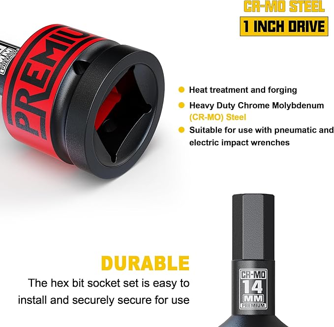 1" Drive H14 Impact Hex Bit Socket, 14 mm Allen Bit Socket, Metric, Cr-Mo Steel, Truck Repair and Equipment Maintenance