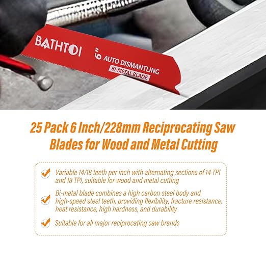 25 Pack 6 Inch 14/18 Tpi Reciprocating Saw Blades for Metal Cutting, Carbide Alloy Steel Sawzall Blades for Automobile Dismantling with 8% Cobalt for Longer Life and Faster Cutting Speed