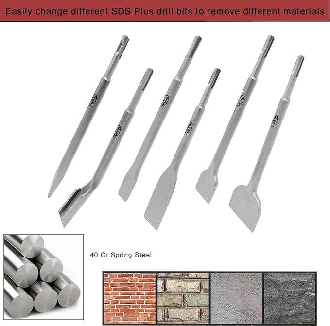 6 pcs SDS Plus Chisel Set, Masonry Concrete Drill Bit Set, Tile Removal Chisel Bits for Rotary Hammer with Point Flat Wide Inclined Grooving Scraping Scaling Removing Tile Thinset