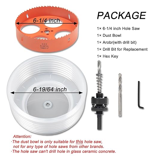6-1/4 Hole Saw for Recessed Lights, 6.25 Inch Hole Cutter with Dust Bowl Catcher for Led Recessed Lighting 6 Inch and Wood Metal Drywall, Bi-Metal Construction