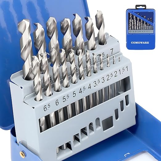 COMOWARE Drill Bit Sets for Metal- 19 Pcs Straight Shank M2 HSS Drill Bits for Stainless Steel, Cast Iron, Plastic and Wood
